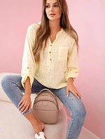 Lněná dámská halenka s květinovým vzorem, dlouhými rukávy a knoflíky Žlutá