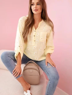 Lněná dámská halenka s květinovým vzorem, dlouhými rukávy a knoflíky Žlutá