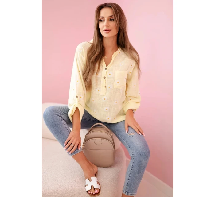 Lněná dámská halenka s květinovým vzorem, dlouhými rukávy a knoflíky Žlutá Lněná dámská halenka s květinovým vzorem, dlouhými rukávy a knoflíky Žlutá