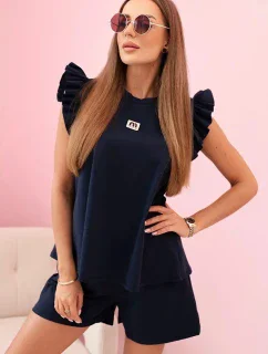 Dámský komplet s volánem – halenka s krátkým rukávem a šortky s gumičkou námořnická modř