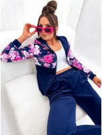 Welurowy komplet damski w róże granatowy (8210)