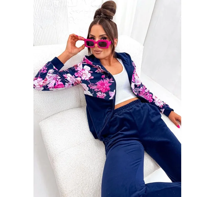 Welurowy komplet damski w róże granatowy (8210)