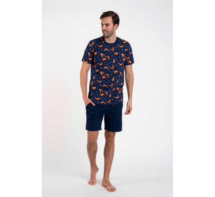 Pánské pyžamo Witalis, krátký rukáv, krátké kalhoty - potisk/námořnická modř
