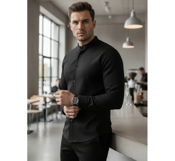 Pánská neformální černá košile SLIM FIT se stojáčkem FashionStreet DX2597