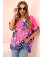Dámská bavlněná blůza s květinovým potiskem a krátkým rukávem růžová Dámská bavlněná blůza s květinovým potiskem a krátkým rukávem růžová