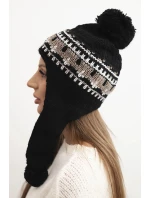 Dámská zimní čepice vlněná s ušními klapkami a bambulkami K436 černá + moka Dámská zimní čepice vlněná s ušními klapkami a bambulkami K436 černá + moka