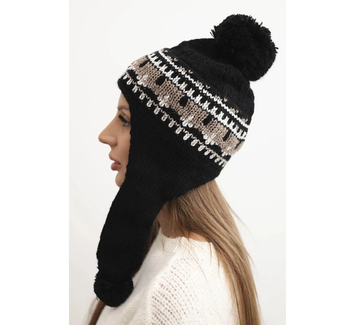 Dámská zimní čepice vlněná s ušními klapkami a bambulkami K436 černá + moka Dámská zimní čepice vlněná s ušními klapkami a bambulkami K436 černá + moka