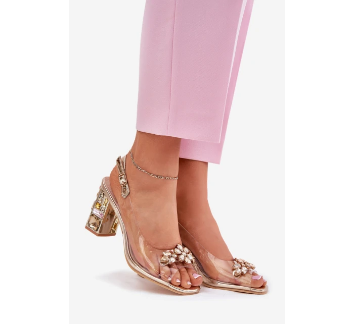 Průhledné sandály na podpatku s krystaly Vinceza 70110 zlaté