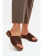 Dámské pantofle na nízkém podpatku se zlatými sponami čokoládové model 21919202 - EVENTO