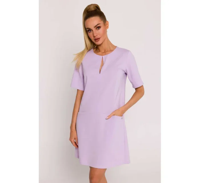 M788 Trapézové šaty s předními kapsami - fialové