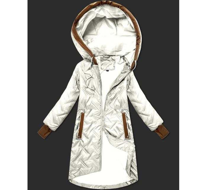 Dámská prošívaná bunda v barvě ecru s ozdobnými vsadkami (T2-2291#-12)