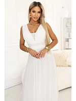 Dlouhé maxi šaty s a hlubokým výstřihem ecru barva model 22079727 - numoco basic Dlouhé maxi šaty s a hlubokým výstřihem ecru barva model 22079727 - numoco basic