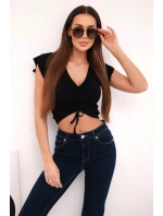 Dámská žebrovaná proužkovaná halenka na ramínkách s volánkem černá