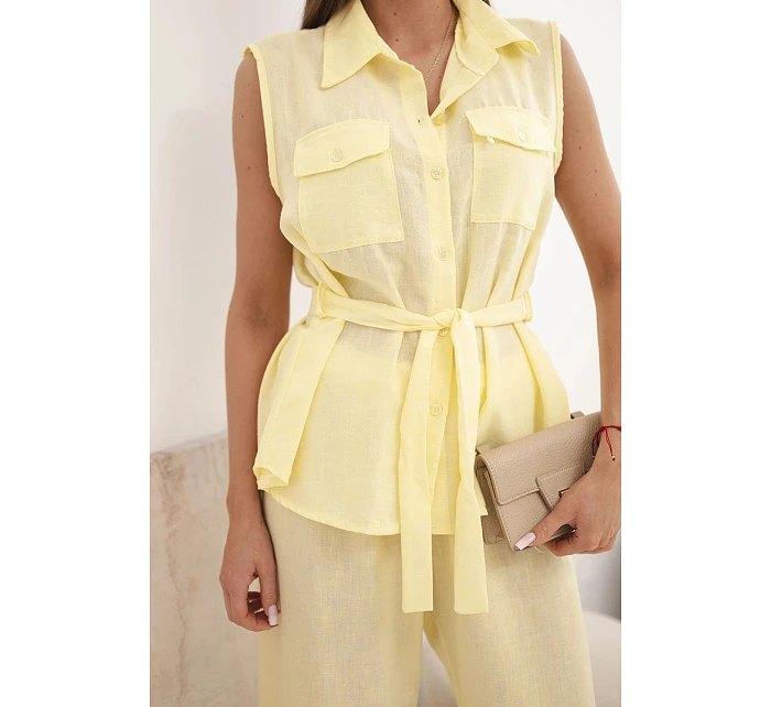 Dámský komplet s vázanou halenkou a širokými kalhotami žlutý