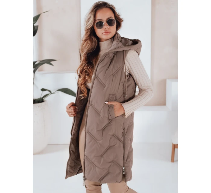 Dámská dlouhá prošívaná vesta s kapucí tmavě béžová FashionStreet TY5100