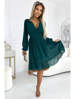 MILA - Zelené dámské šifonové midi šaty s dlouhými rukávy a výstřihem 538-2