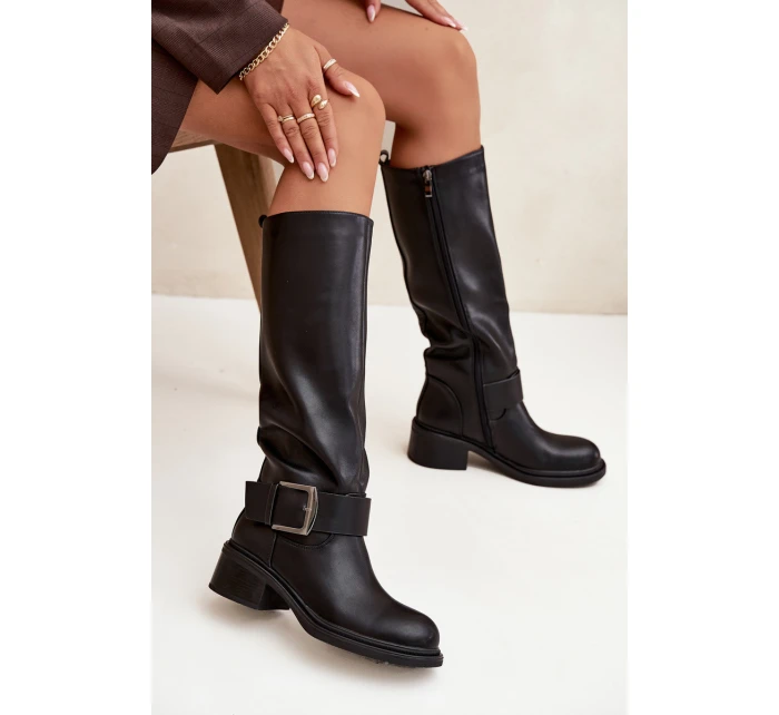 Zateplené dámské kozačky na klocku s přezkou Černé Raphaela Zateplené dámské kozačky na klocku s přezkou Černé Raphaela