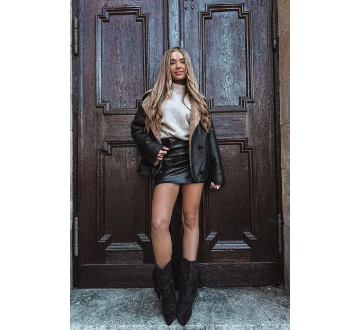 Dámské kotníkové boty na podpatku s třásněmi a žebrováním Zateplené Čokoládové model 21757539 - Boto