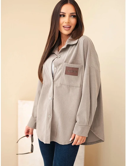 Dámská košile z bavlněného manšestru oversized s kapsami a dlouhým rukávem fango zelená
