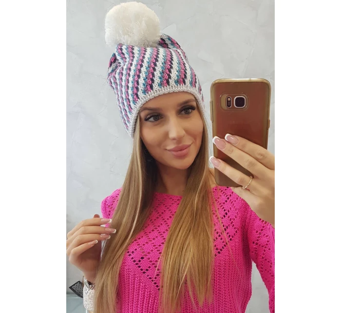 Dámská čepice s bambulí Hanna K328 bílá+džíny