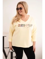 Dámská mikina Plus Size s nápisem a výstřihem do V žlutá