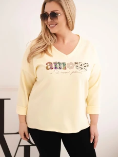 Dámská mikina Plus Size s nápisem a výstřihem do V žlutá