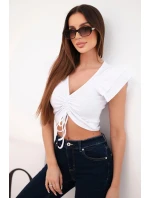 Dámská žebrovaná pruhovaná halenka na ramínkách s volánkem bílá