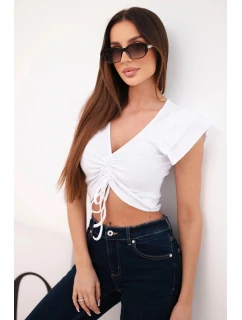 Dámská žebrovaná pruhovaná halenka na ramínkách s volánkem bílá