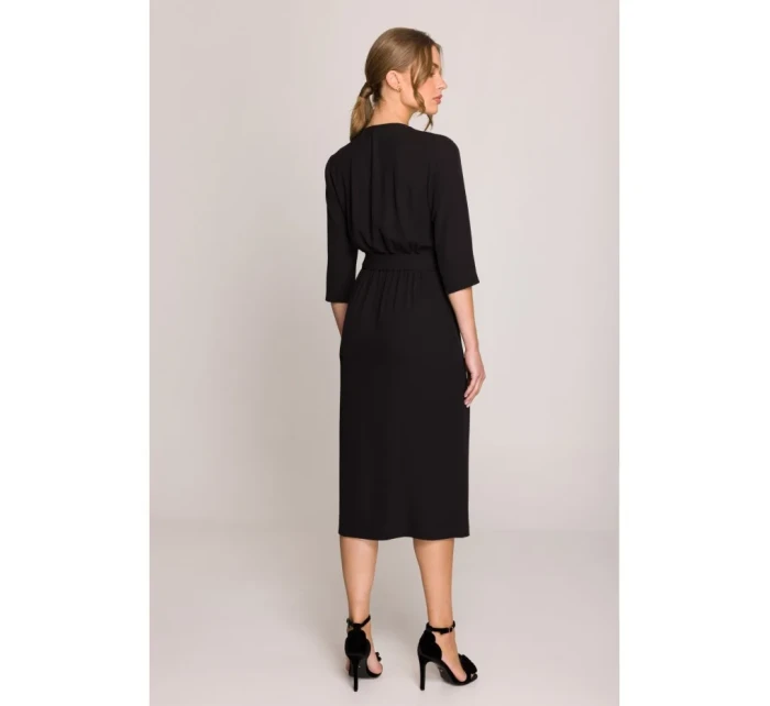 S396 Šaty se zavinovacími detaily ve střední délce - černé