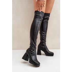 Přiléhavé kozačky nad kolena na podpatku černé Sanniraen