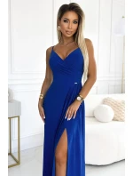 CHIARA Elegantní dlouhé dámské maxi šaty v chrpové barvě s brokátem na ramínkách model 20091452 - numoco