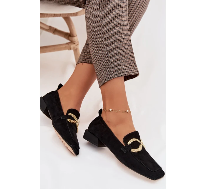 Dámské mokasíny z přírodního semiše zlatý detail D&A model 22031903 Černé - S.Barski