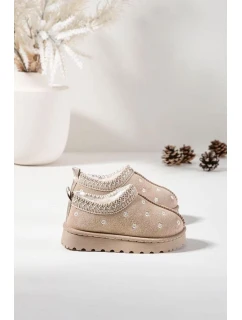 Dětské sněhule s květinami, zateplené kožíškem Palina – béžové