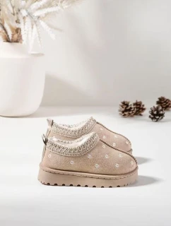 Dětské sněhule s květinami, zateplené kožíškem Palina – béžové