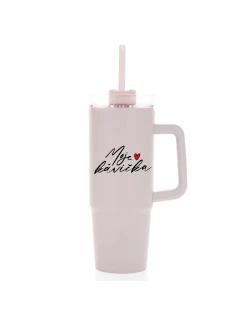 MOJE KÁVIČKA - růžový cestovní termohrnek s průhledným víčkem 900 ml