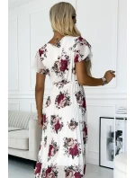 Plisované midi šaty s výstřihem a volánky ecru + vínové květy model 21097879 - numoco basic