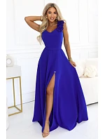 643-8 Elegantní večerní maxi šaty s rozparkem a růžemi – chrpa 643-8 Elegantní večerní maxi šaty s rozparkem a růžemi – chrpa