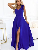 643-8 Elegantní večerní maxi šaty s rozparkem a růžemi – chrpa