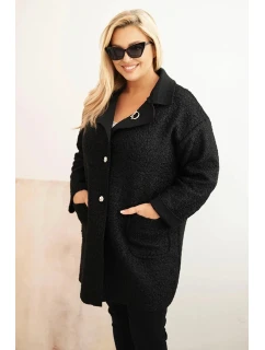 Dámský kabát Plus Size model 21393326 s vlnou a kapsami černý - K-Fashion