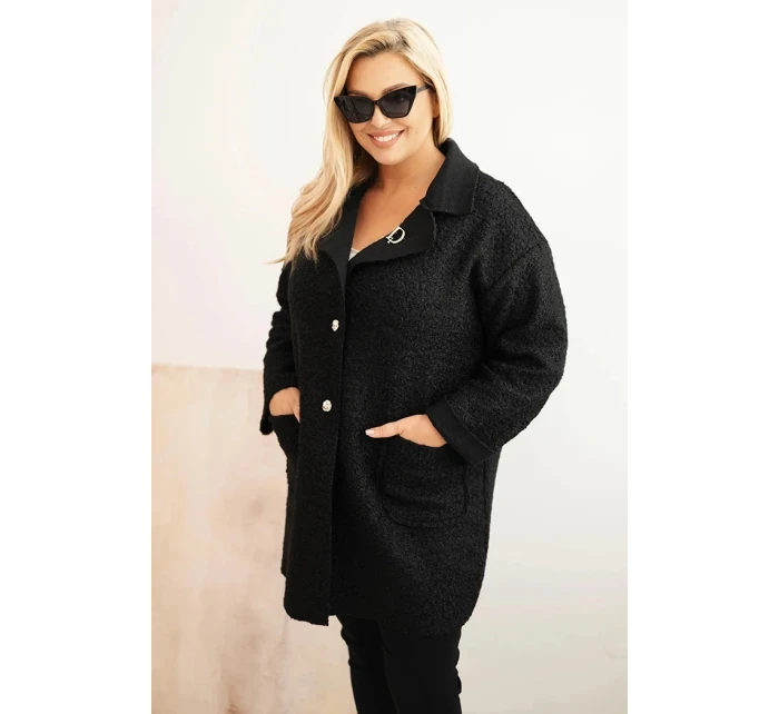 Dámský kabát Plus Size model 21393326 s vlnou a kapsami černý - K-Fashion