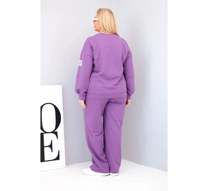 Dámská souprava Plus Size bavlněná s volnou mikinou a širokými kalhotami fialový