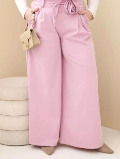Dámské kalhoty Plus Size s širokou nohavicí a ozdobným květem v pase tmavě růžové