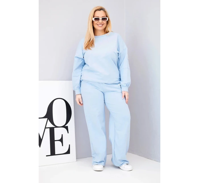 Dámská souprava Plus Size bavlněná s volnou mikinou a kalhotami s širokým nohavicí modrá