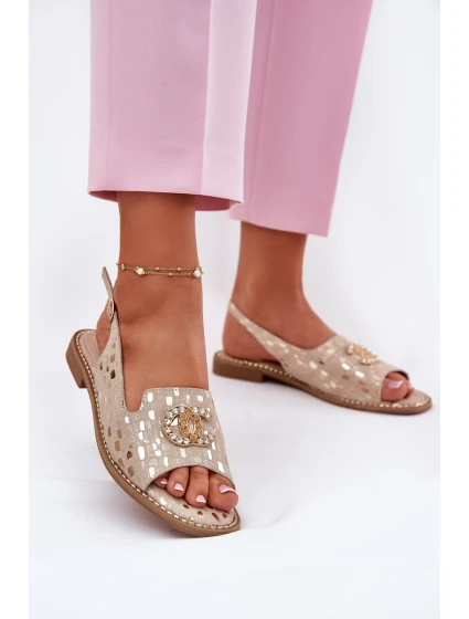 Kožené Sandály S Dekorací Na Plochém Podpatku model 21696779 Zlaté - S.Barski