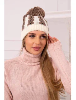 Dámská čepice s bambulí Rozalia K323 mocca+ecru