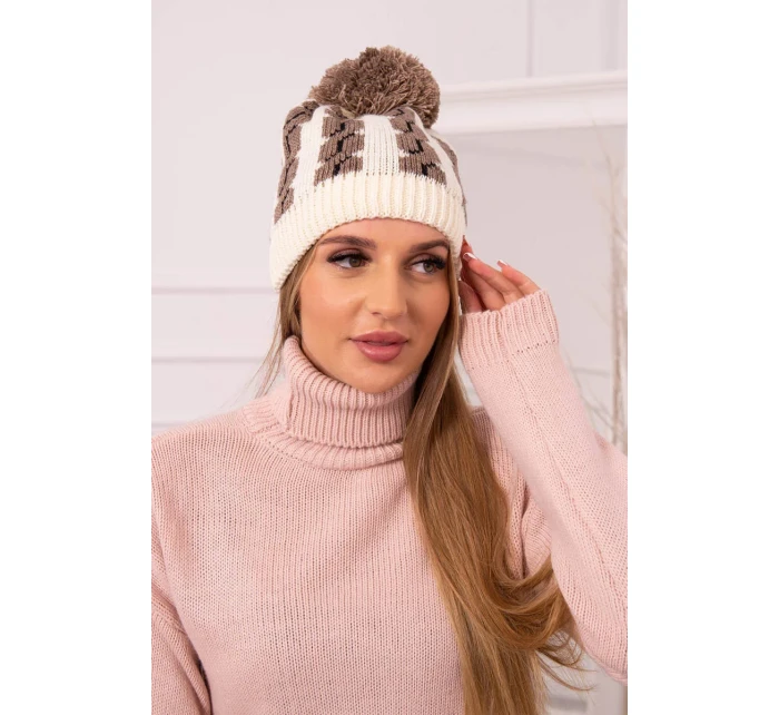 Dámská čepice s bambulí Rozalia K323 mocca+ecru