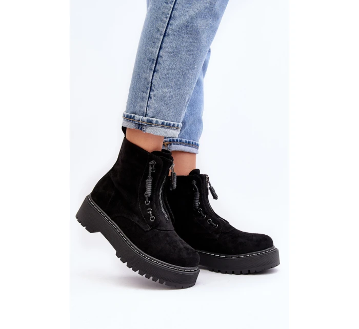Zamszové Trapery Botky Dámské Na Tlusté Podešví Se Suwákem Černé Edivame