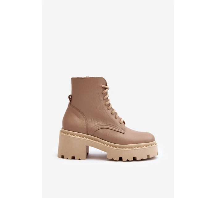 Dámské kožené botky na podpatku béžové model 21644578 - Zazoo