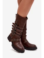 Zateplené dámské kozačky s pásky a přezkami hnědé model 21710891 - Boto