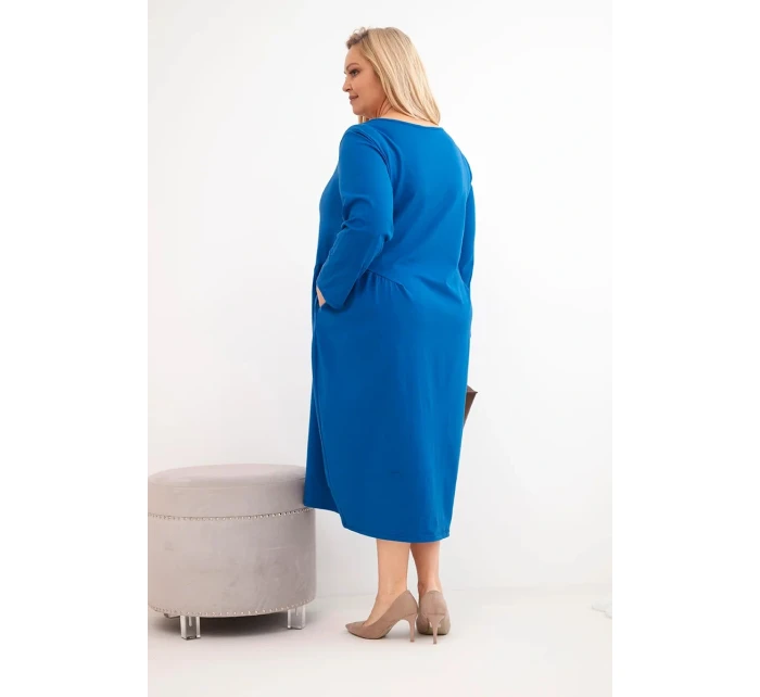 Dámská plus size bavlněná šaty s dlouhým rukávem a nařasením v pase chabrová